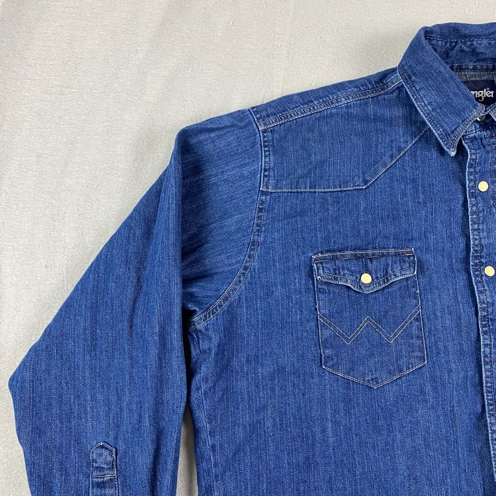 Wrangler mens denim Shirt XL Pearl Snap Denim Western pockets thick - Picture 6 of 16